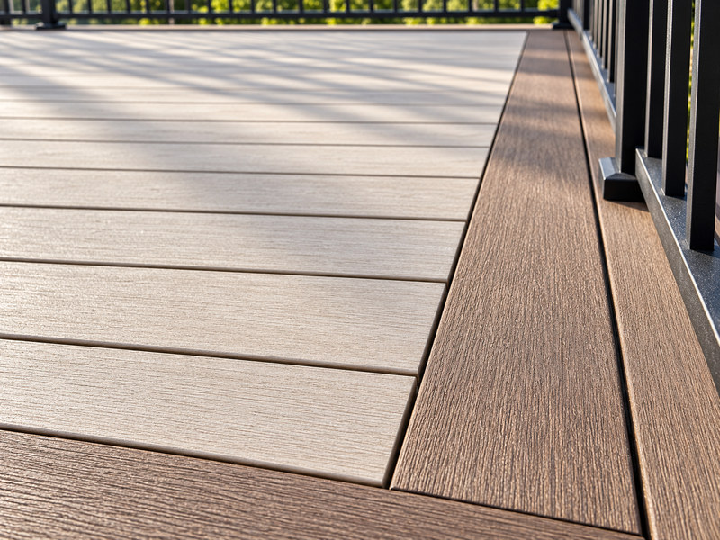 Close-up of the contrasting deck colors: lighter deck boards framed by a darker picture-frame border