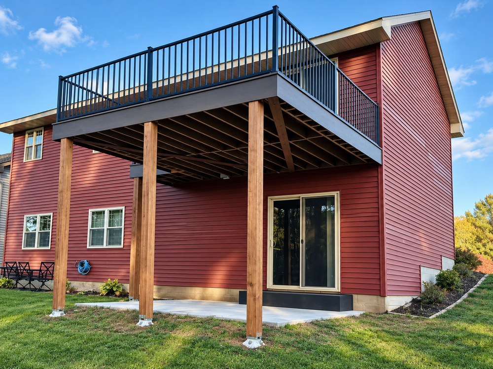 Elevated deck built by Ironcrest Outdoor partner Jacob Hagerty, with black metal railings, on the back of a maroon two-story house