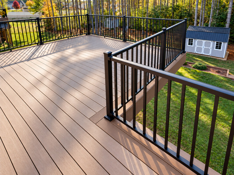Angled view across the deck surface and black metal railing, looking out over the backyard