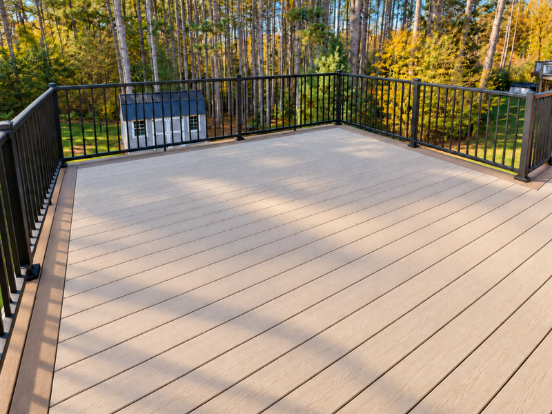 Wide view of the deck surface and railings, with the wooded backyard beyond