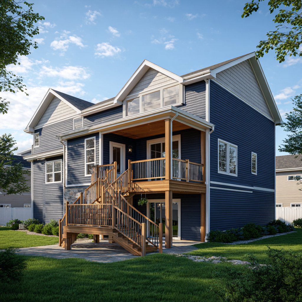 Elevated deck on blue home