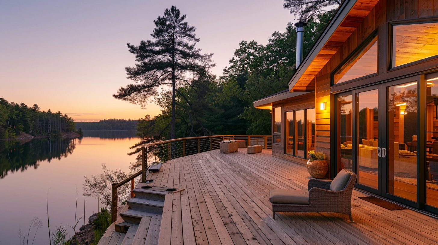 Beautiful lakeside deck at sunset