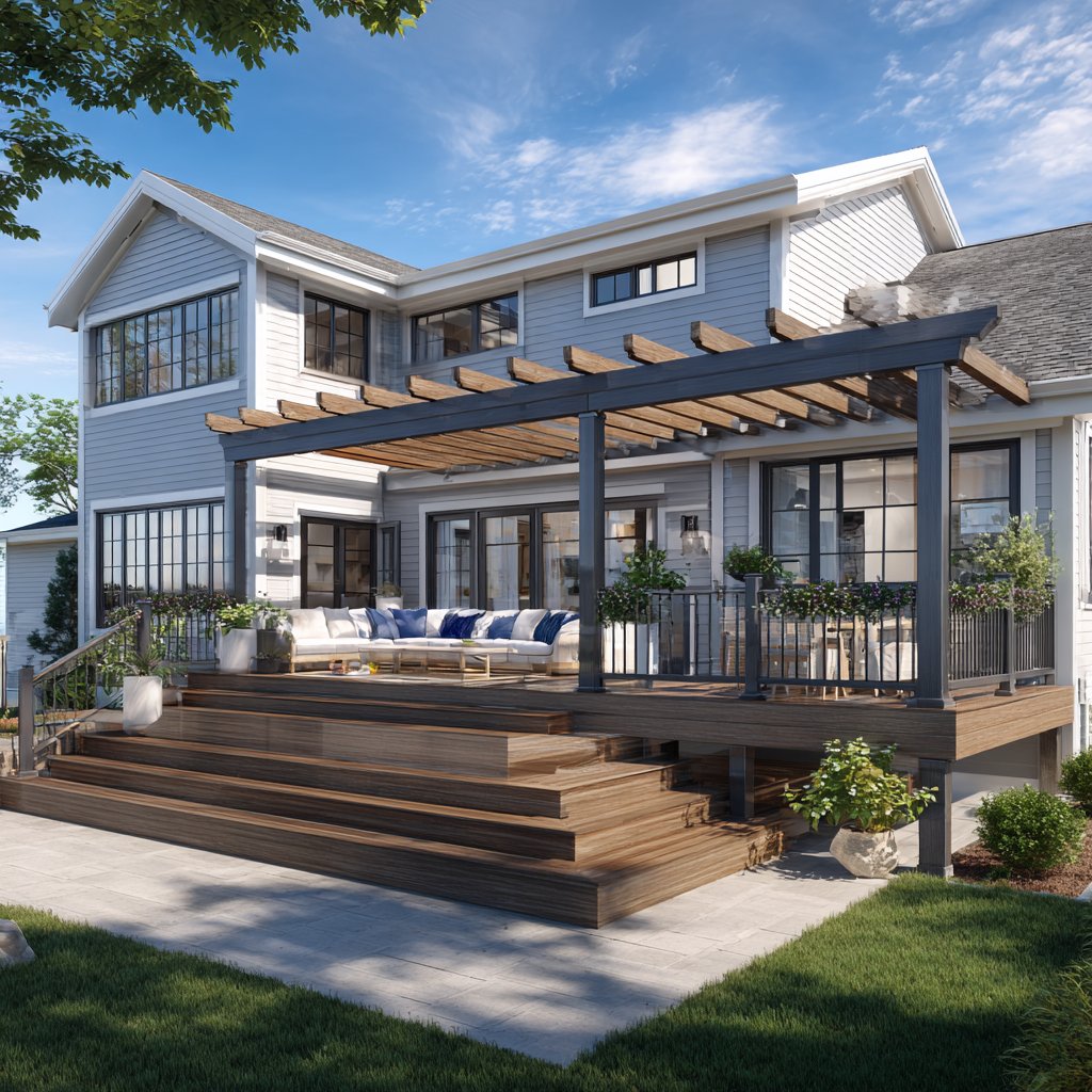 Large pergola over multi-level deck